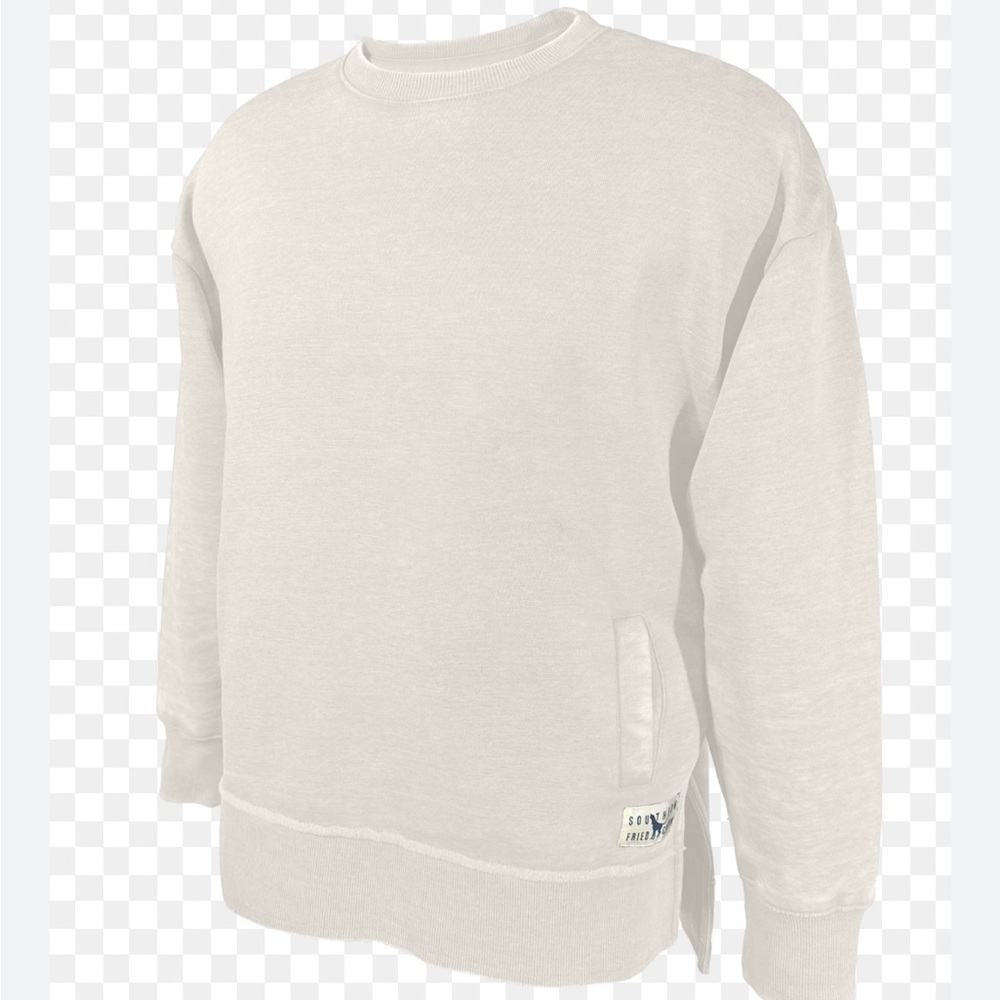 Southern Fried Cotton Sweatshirt Crew Neck Split Hem Small Cream